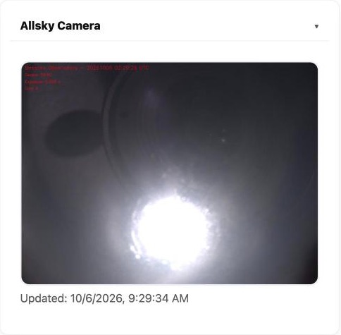 Dashboard card showing the live all-sky camera image