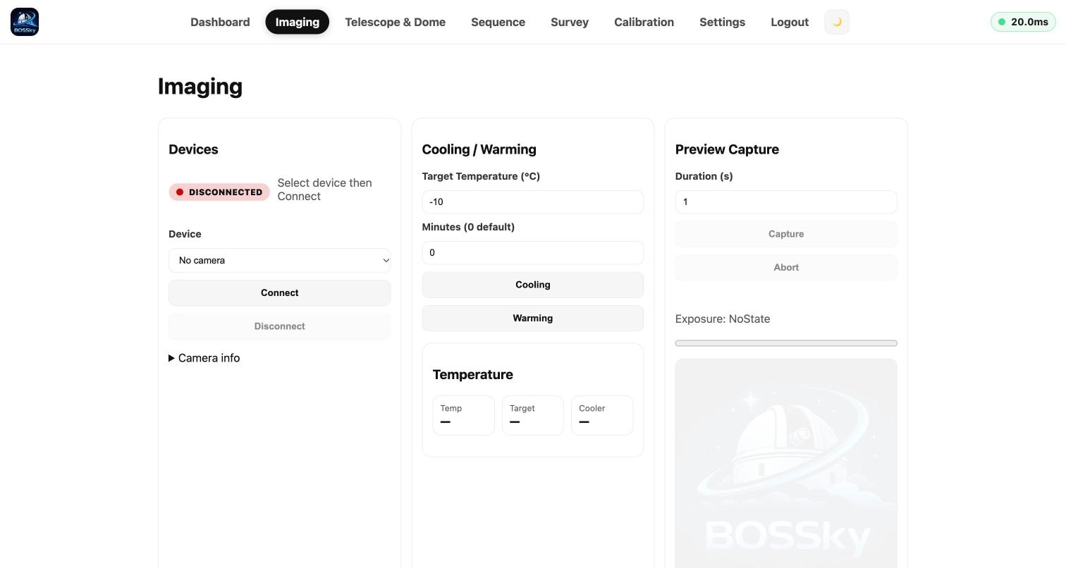 BOSSky Imaging page with camera connection, cooling and preview capture