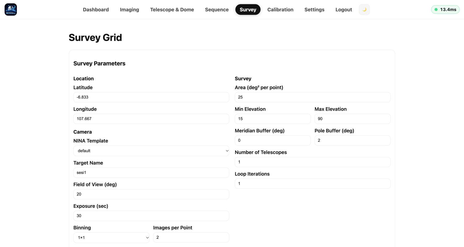 BOSSky survey parameters form: location, camera, area, elevation limits and number of telescopes