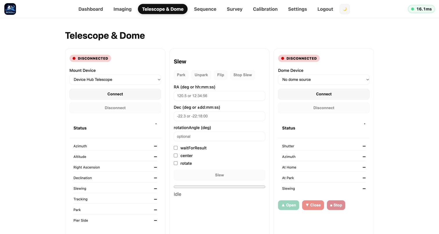 BOSSky Telescope and Dome page with slew controls and dome shutter controls