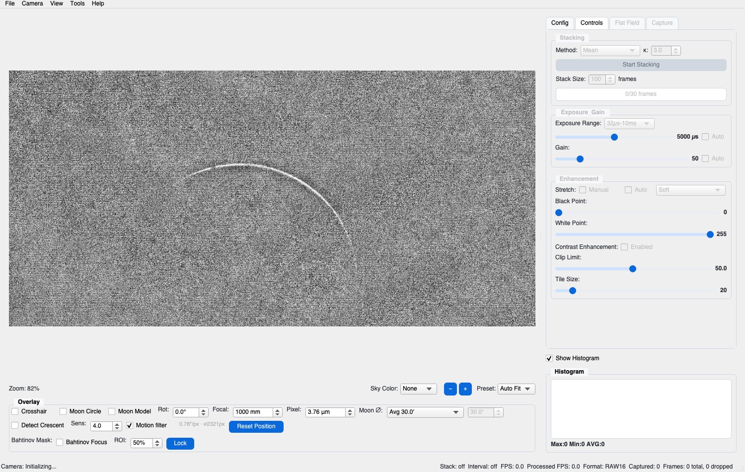 Thin Crescent main window showing a crescent in the preview and the stacking and enhancement controls
